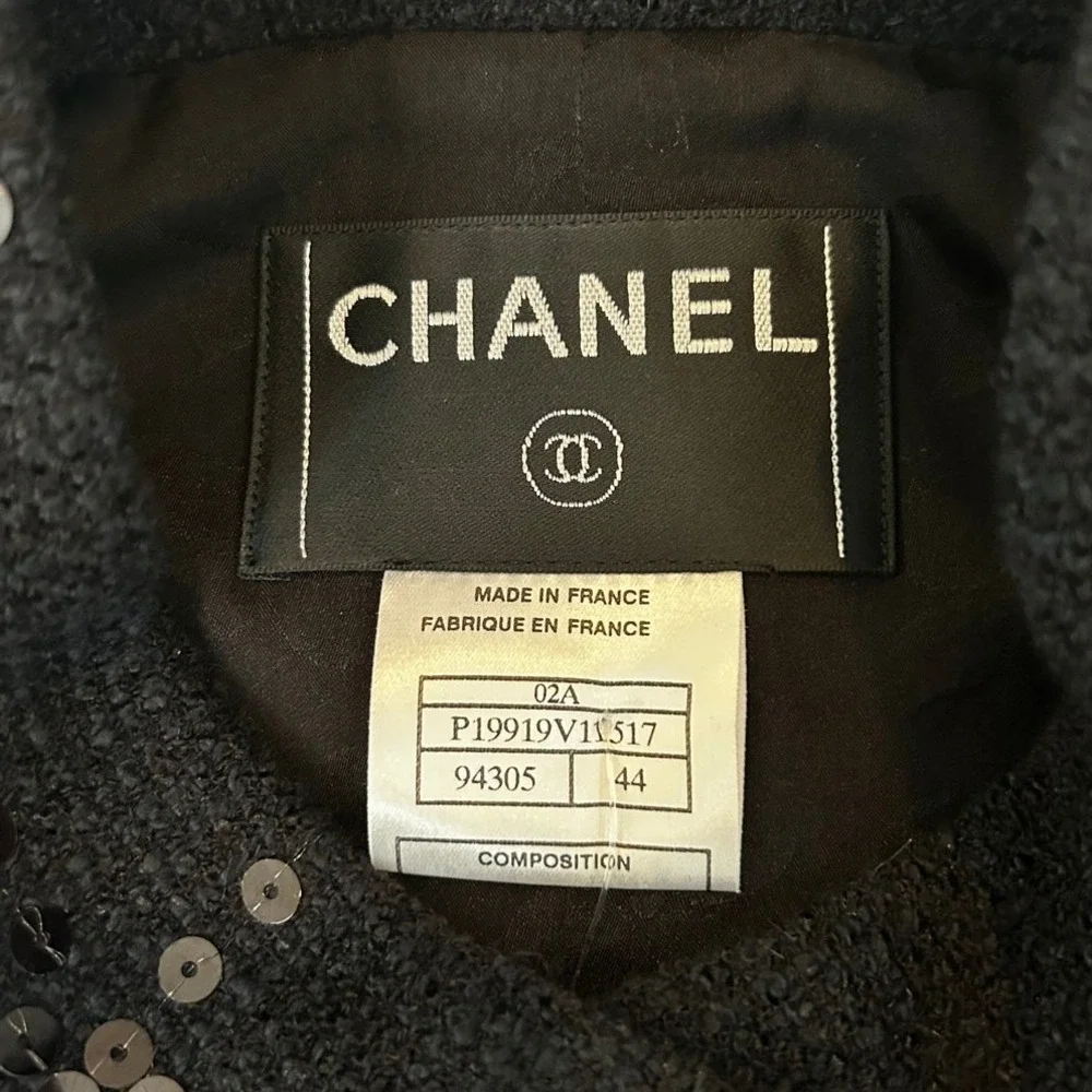 NWT Chanel 02A Black Sequin Tweed Skirt Suit Jacket Set P19919‎ FR 44 US 12